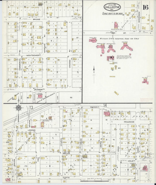 Sanborn Fire Insurance Map from Chillicothe, Livingston County, Missouri (1916), Sheet #0016 - Historic Sanborn Fire Insurance Map Print, vintage old map wall art, antique decor, genealogy gift, Missouri Missouri map