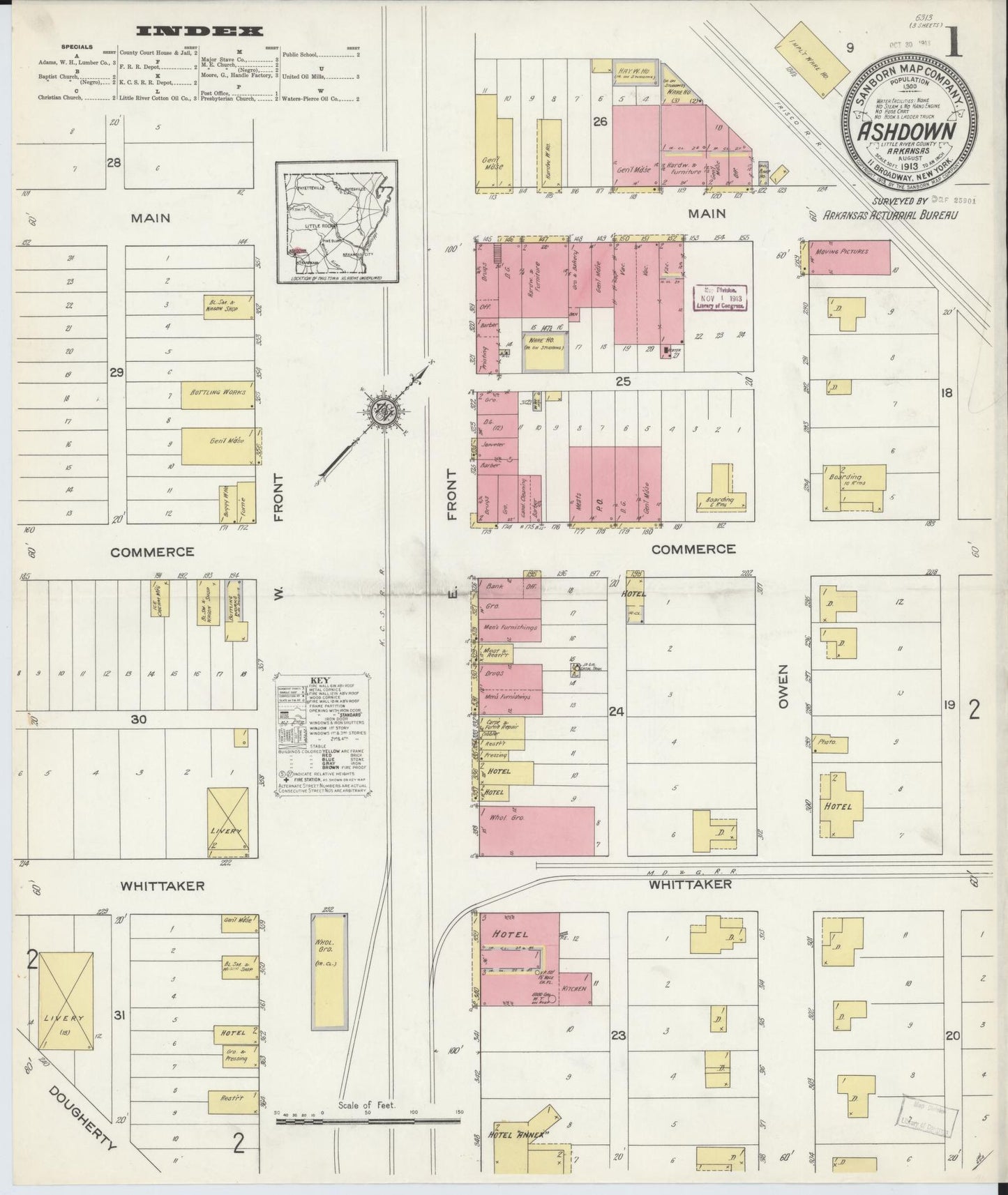 Sanborn Fire Insurance Map from Ashdown, Little River County, Arkansas (1913), Sheet #0001 - Historic Sanborn Fire Insurance Map Print, vintage old map wall art, antique decor, genealogy gift, Arkansas Arkansas map
