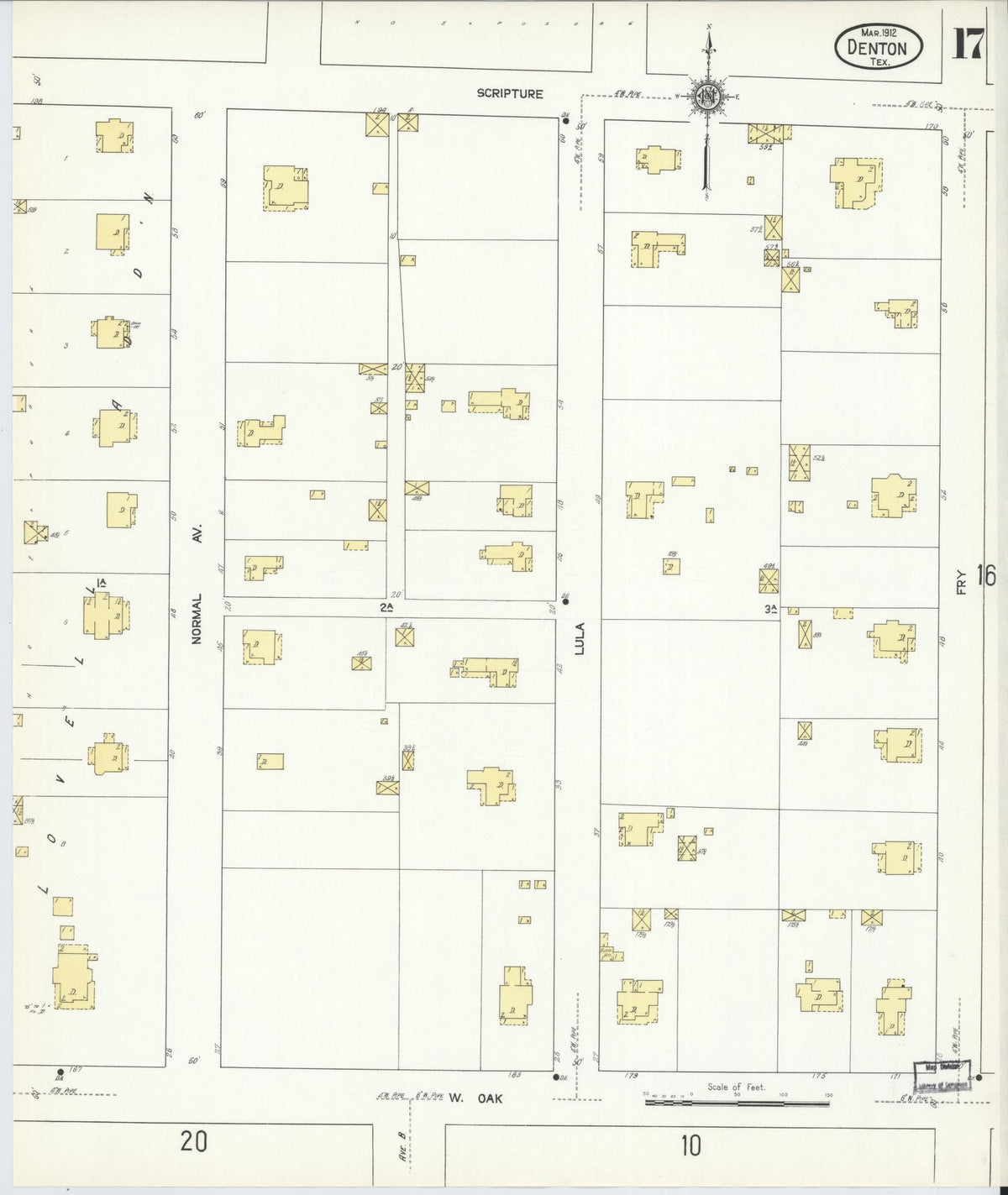 Sanborn Fire Insurance Map from Denton, Denton County, Texas (1912), Sheet #0017 - Complete Map Set gallery image, historic Sanborn map, vintage wall art, Texas Texas