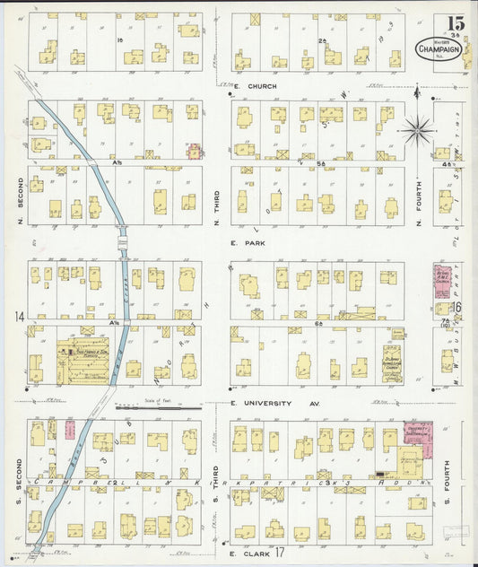 Sanborn Fire Insurance Map from Champaign, Champaign County, Illinois (1909), Sheet #0015 - Historic Sanborn Fire Insurance Map Print, vintage old map wall art, antique decor, genealogy gift, Illinois Illinois map