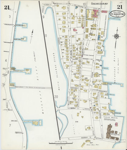 Sanborn Fire Insurance Map from Saint Augustine, Saint John's County, Florida (1924), Sheet #0021 - Historic Sanborn Fire Insurance Map Print, vintage old map wall art, antique decor, genealogy gift, Florida Florida map