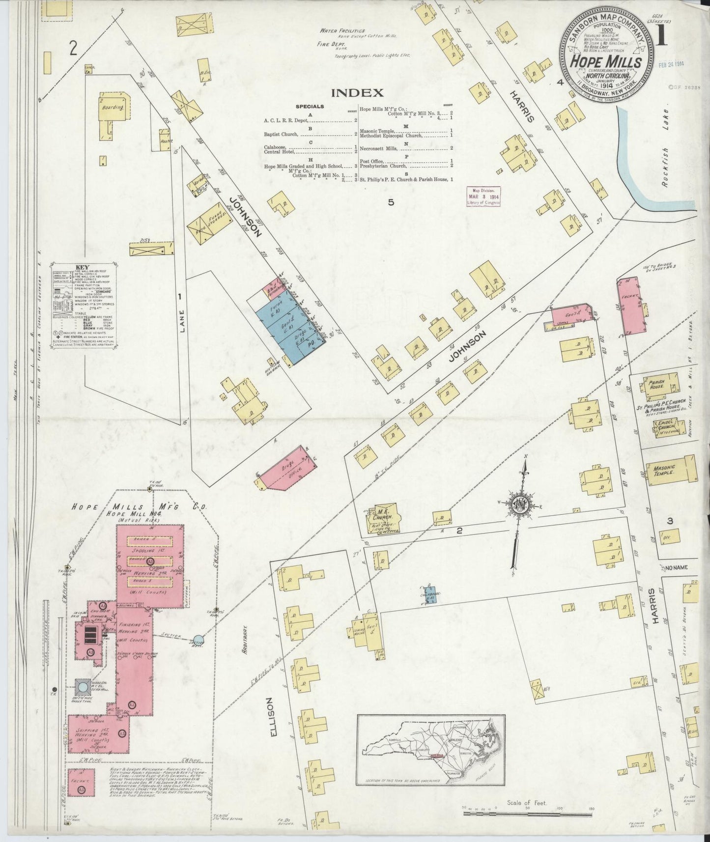 Sanborn Fire Insurance Map from Hope Mills, Cumberland County, North Carolina (1914), Sheet #0001 - Historic Sanborn Fire Insurance Map Print, vintage old map wall art, antique decor, genealogy gift, North Carolina North Carolina map