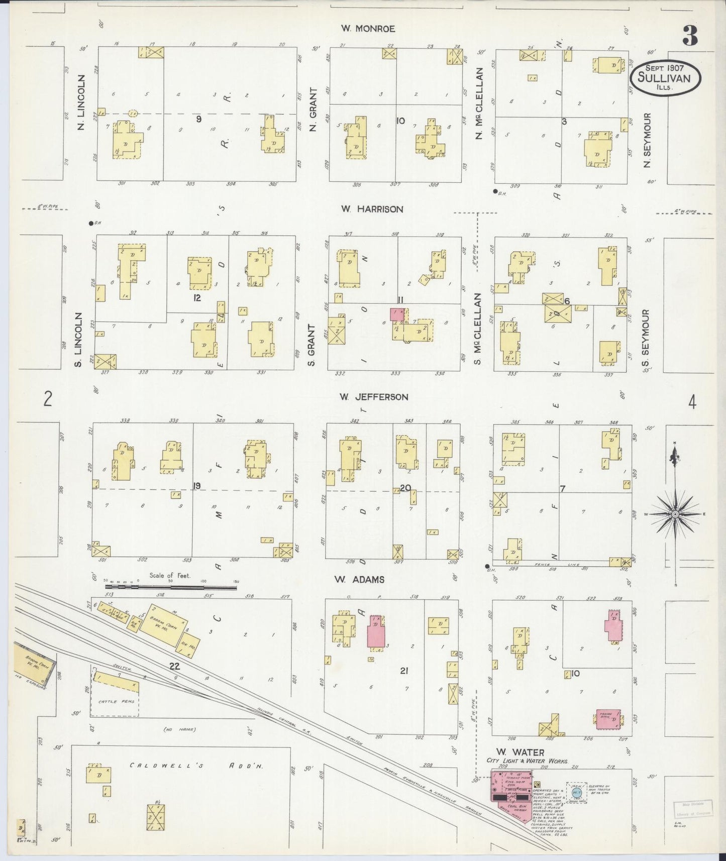 Sanborn Fire Insurance Map from Sullivan, Moultrie County, Illinois (1907), Sheet #0003 - Historic Sanborn Fire Insurance Map Print, vintage old map wall art, antique decor, genealogy gift, Illinois Illinois map