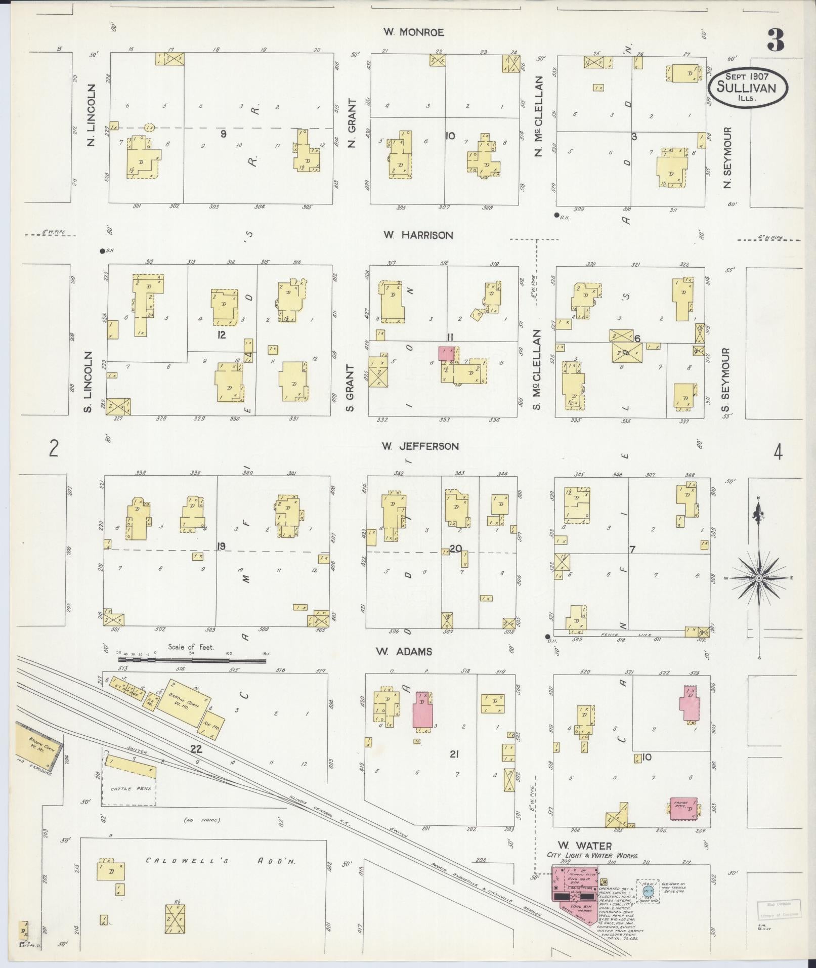 Sanborn Fire Insurance Map from Sullivan, Moultrie County, Illinois (1907), Sheet #0003 - Historic Sanborn Fire Insurance Map Print, vintage old map wall art, antique decor, genealogy gift, Illinois Illinois map