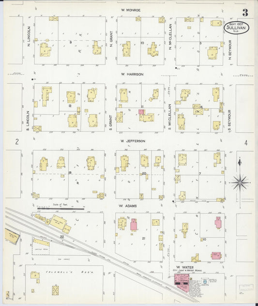 Sanborn Fire Insurance Map from Sullivan, Moultrie County, Illinois (1907), Sheet #0003 - Historic Sanborn Fire Insurance Map Print, vintage old map wall art, antique decor, genealogy gift, Illinois Illinois map