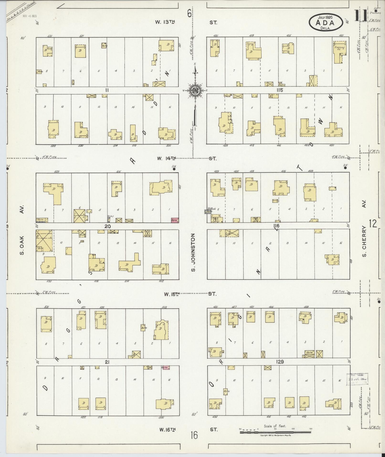Sanborn Fire Insurance Map from Ada, Pontotoc County, Oklahoma (1920), Sheet #0011 - Historic Sanborn Fire Insurance Map Print, vintage old map wall art, antique decor, genealogy gift, Oklahoma Oklahoma map