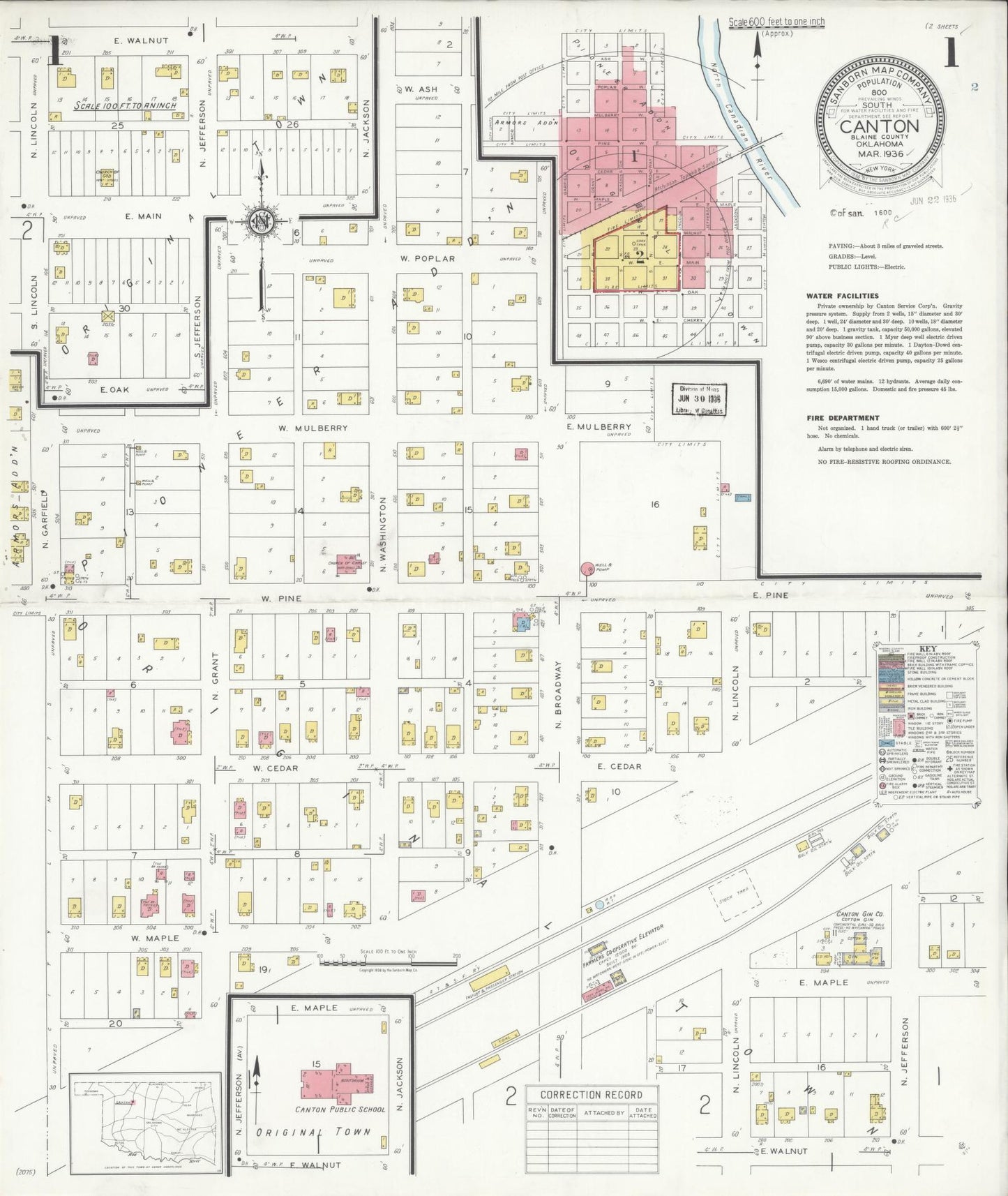Sanborn Fire Insurance Map from Canton, Blaine County, Oklahoma (1936), Sheet #0001 - Historic Sanborn Fire Insurance Map Print, vintage old map wall art, antique decor, genealogy gift, Oklahoma Oklahoma map