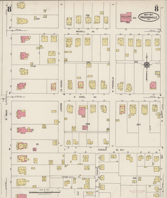 Sanborn Fire Insurance Map from Madisonville, Hopkins County, Kentucky (1923), Sheet #0008 - Historic Sanborn Fire Insurance Map Print, vintage old map wall art, antique decor, genealogy gift, Kentucky Kentucky map