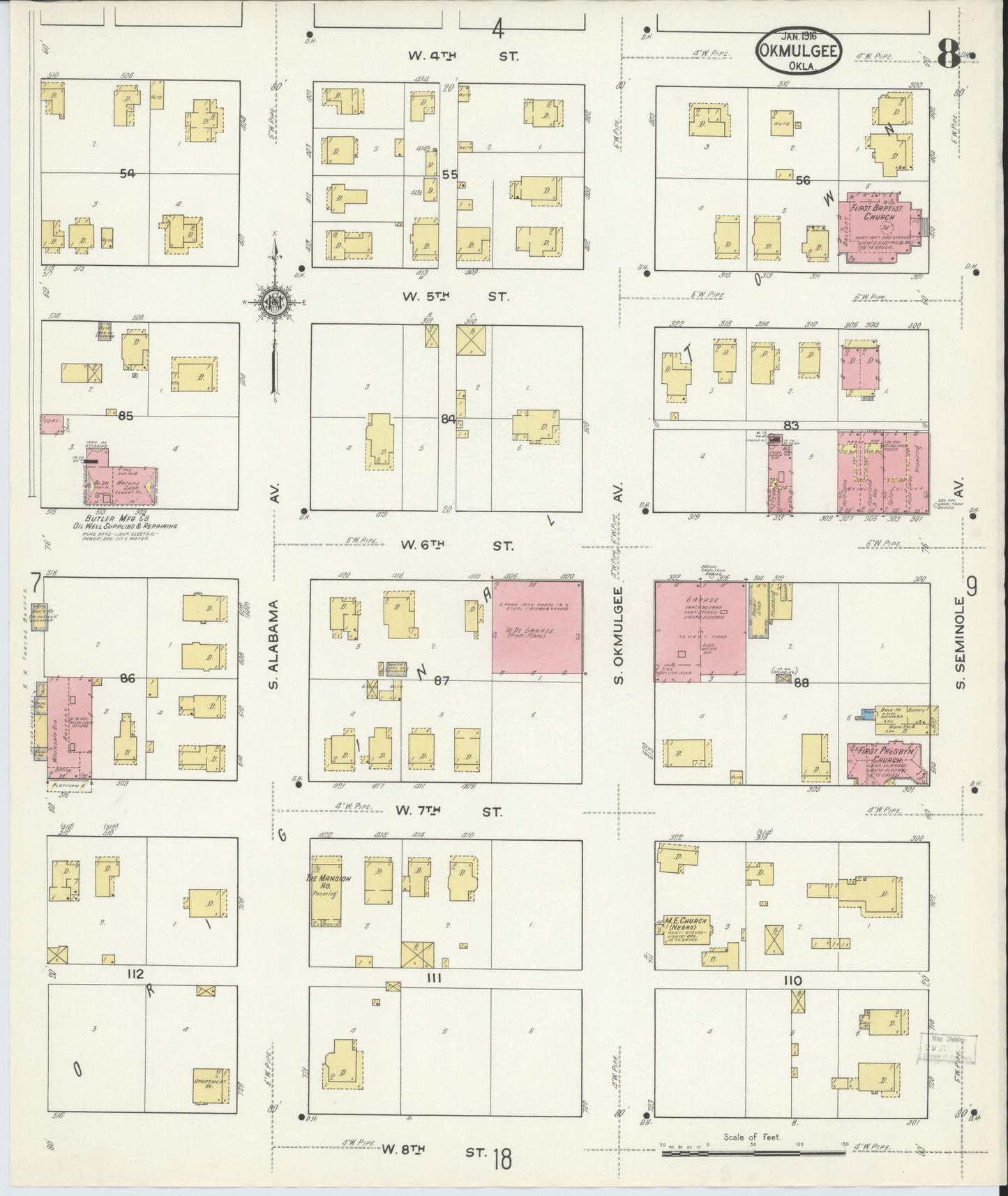 Sanborn Fire Insurance Map from Okmulgee, Okmulgee County, Oklahoma (1916), Sheet #0008 - Complete Map Set gallery image, historic Sanborn map, vintage wall art, Oklahoma Oklahoma
