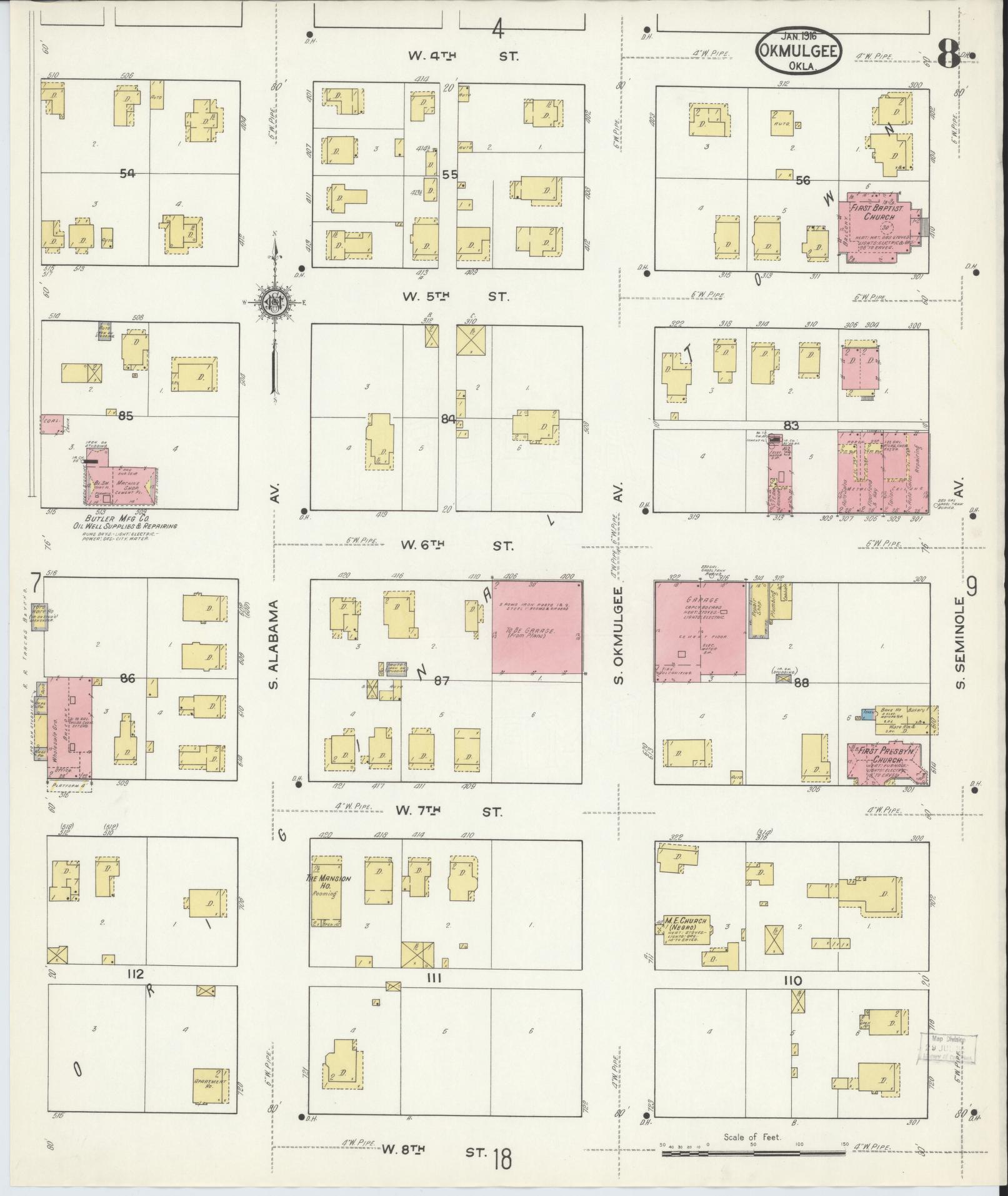 Sanborn Fire Insurance Map from Okmulgee, Okmulgee County, Oklahoma (1916), Sheet #0008 - Complete Map Set gallery image, historic Sanborn map, vintage wall art, Oklahoma Oklahoma