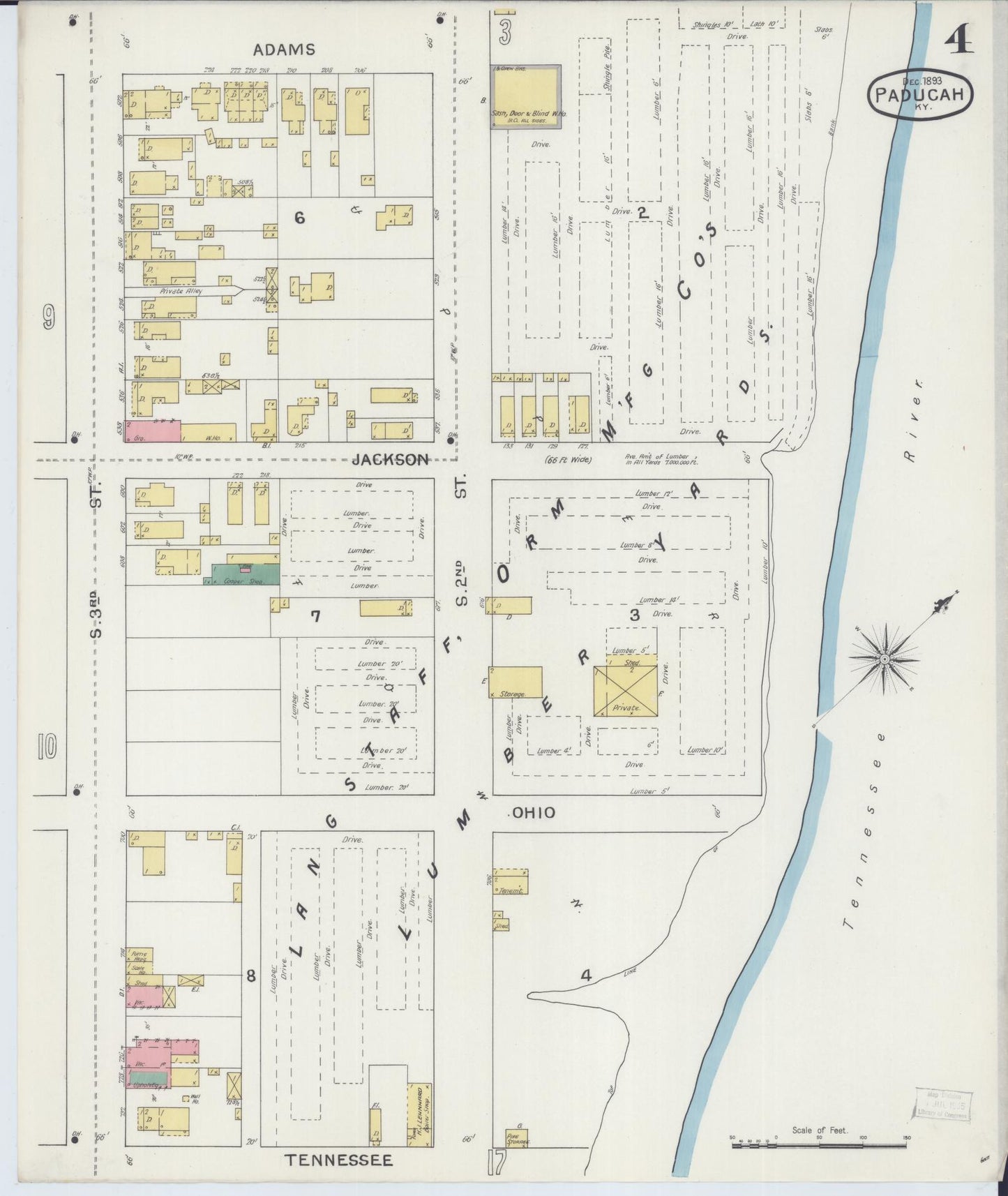 Sanborn Fire Insurance Map from Paducah, Mccraken County, Kentucky (1893), Sheet #0004 - Historic Sanborn Fire Insurance Map Print, vintage old map wall art, antique decor, genealogy gift, Kentucky Kentucky map