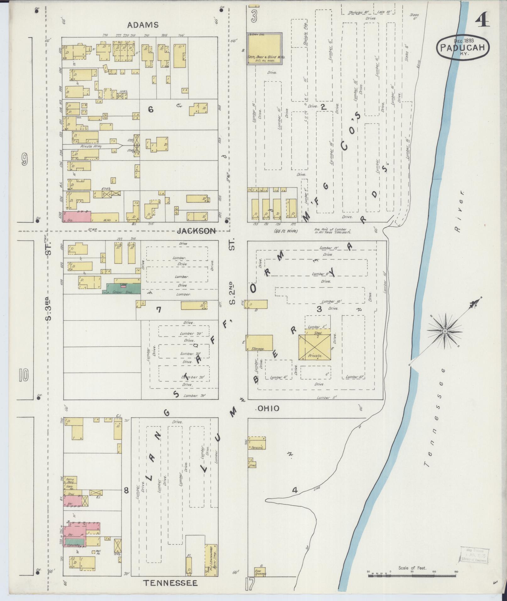 Sanborn Fire Insurance Map from Paducah, Mccraken County, Kentucky (1893), Sheet #0004 - Historic Sanborn Fire Insurance Map Print, vintage old map wall art, antique decor, genealogy gift, Kentucky Kentucky map
