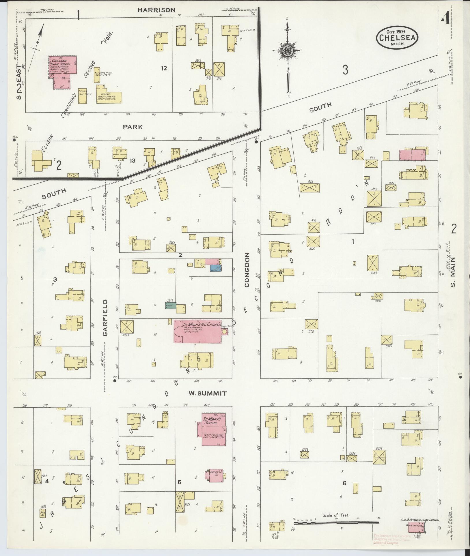Sanborn Fire Insurance Map from Chelsea, Washtenaw County, Michigan (1909), Sheet #0004 - Complete Map Set gallery image, historic Sanborn map, vintage wall art, Michigan Michigan