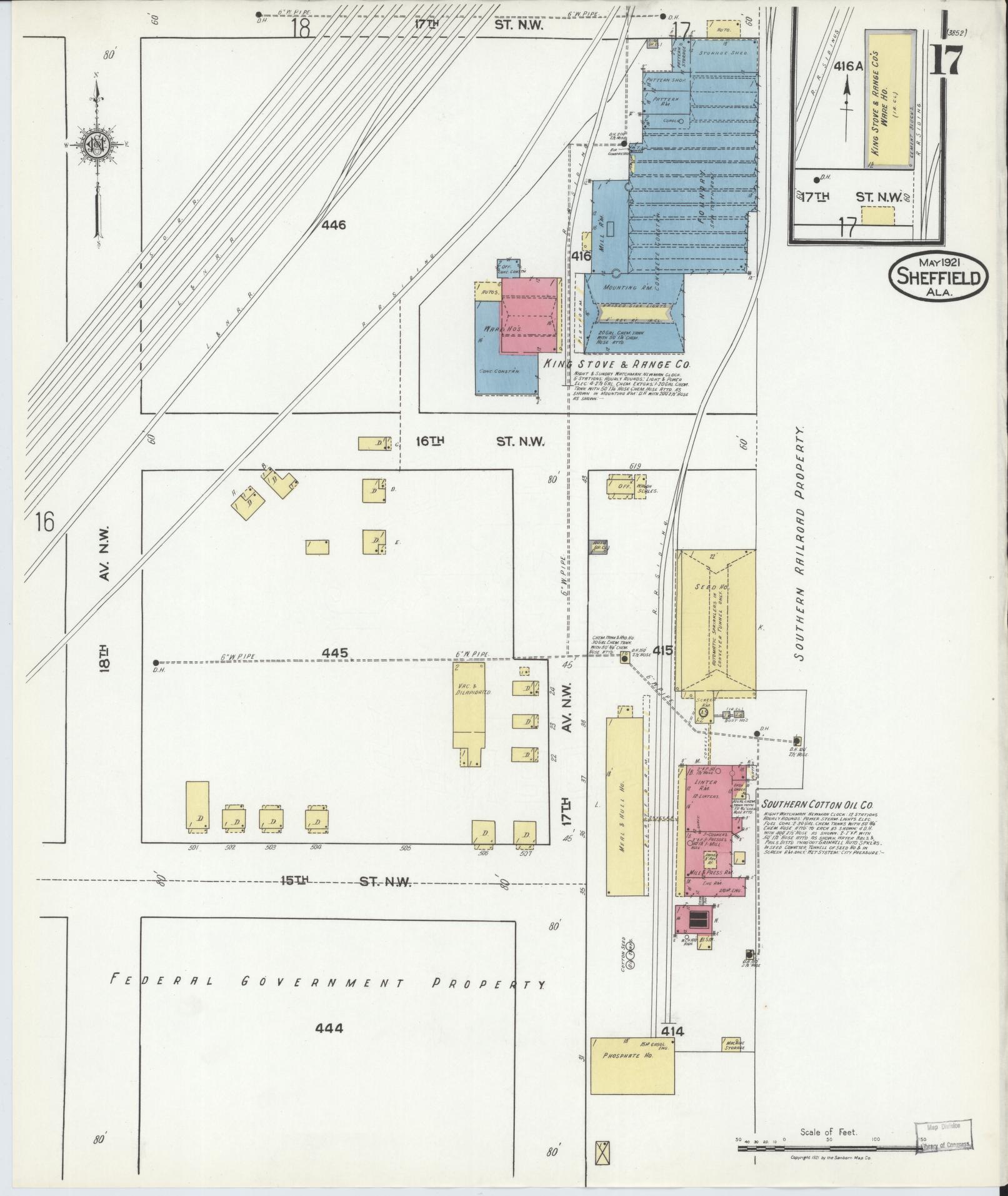 Sanborn Fire Insurance Map from Sheffield, Colbert County, Alabama (1921), Sheet #0017 - Complete Map Set gallery image, historic Sanborn map, vintage wall art, Alabama Alabama