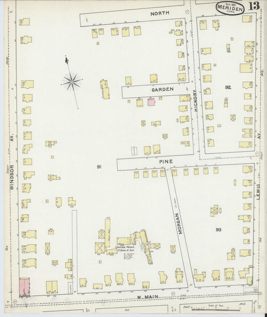 Sanborn Fire Insurance Map from Meriden, New Haven County, Connecticut (1891), Sheet #0013 - Historic Sanborn Fire Insurance Map Print, vintage old map wall art, antique decor, genealogy gift, Connecticut Connecticut map