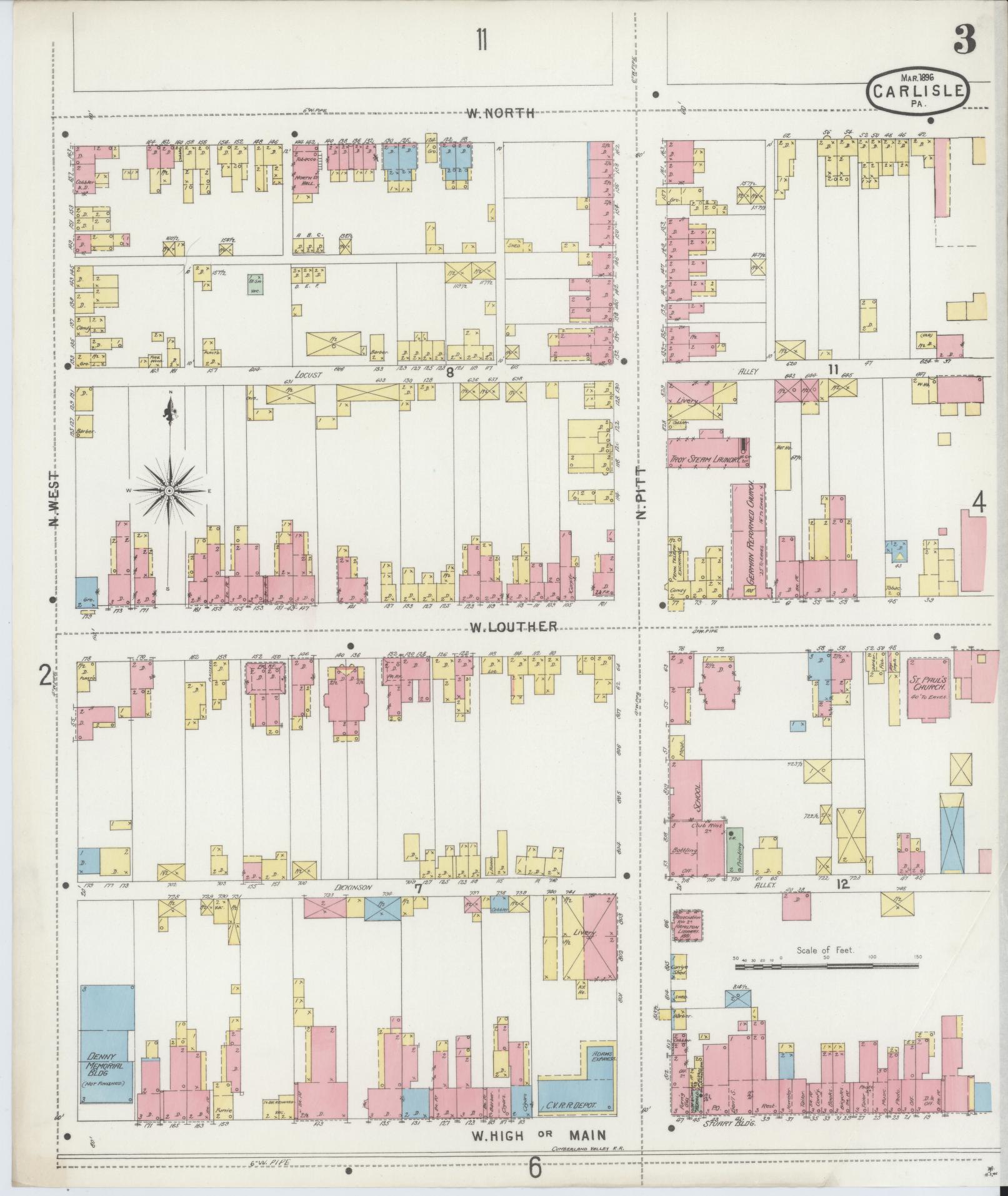 Sanborn Fire Insurance Map from Carlisle, Cumberland County, Pennsylvania (1896), Sheet #0003 - Historic Sanborn Fire Insurance Map Print, vintage old map wall art, antique decor, genealogy gift, Pennsylvania Pennsylvania map
