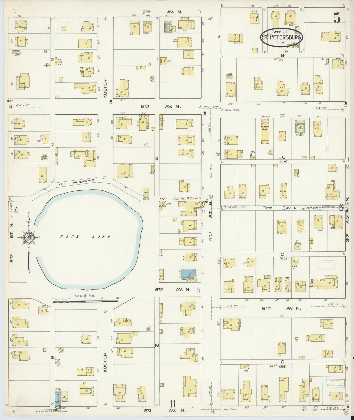 Sanborn Fire Insurance Map from Saint Petersburg, Pinellas County, Florida (1913), Sheet #0005 - Complete Map Set gallery image, historic Sanborn map, vintage wall art, Florida Florida