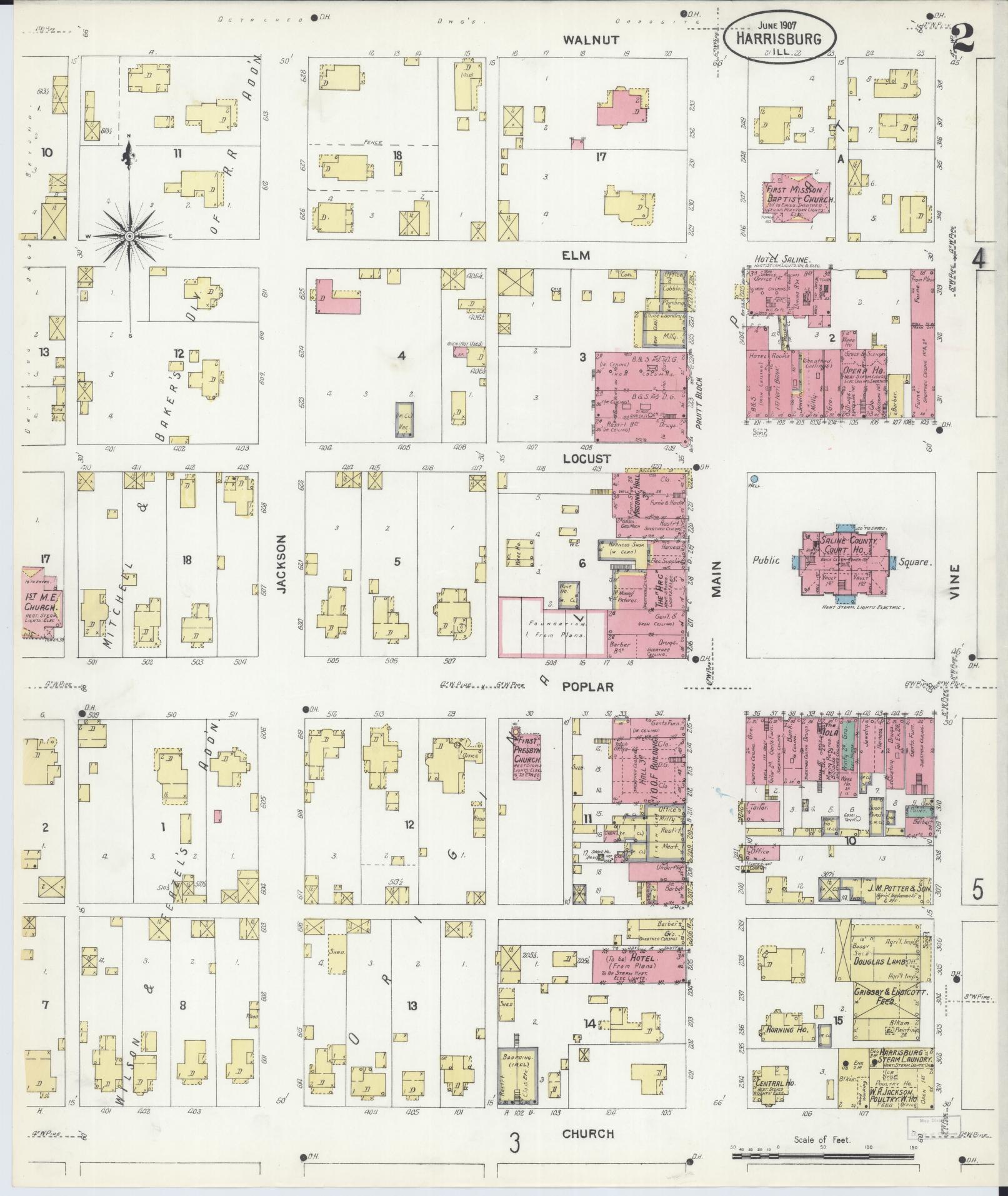 Sanborn Fire Insurance Map from Harrisburg, Saline County, Illinois (1907), Sheet #0002 - Historic Sanborn Fire Insurance Map Print, vintage old map wall art, antique decor, genealogy gift, Illinois Illinois map