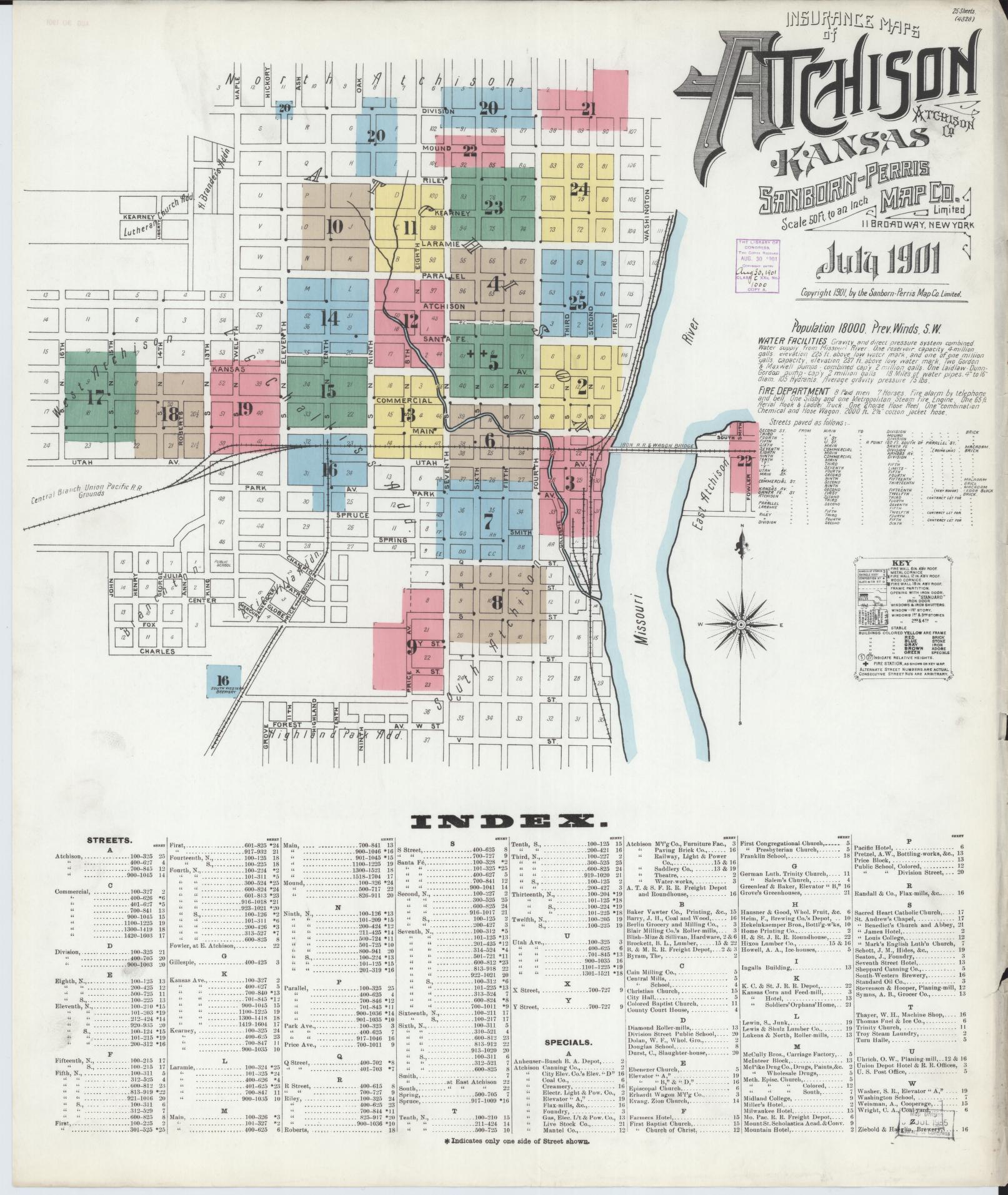 Sanborn Fire Insurance Map from Atchison, Atchison County, Kansas (1901), Sheet #0001 - Complete Map Set gallery image, historic Sanborn map, vintage wall art, Kansas Kansas