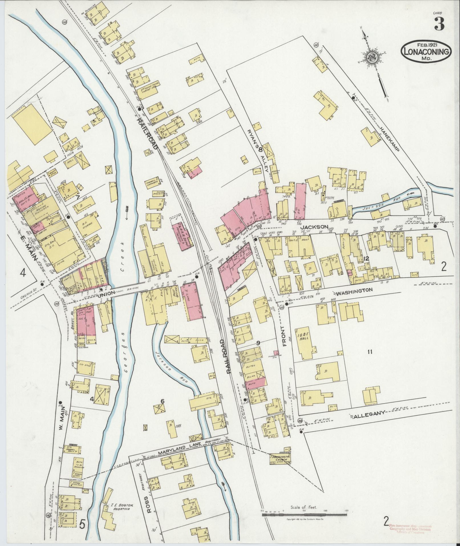 Sanborn Fire Insurance Map from Lonaconing, Allegany County, Maryland (1921), Sheet #0003 - Historic Sanborn Fire Insurance Map Print, vintage old map wall art