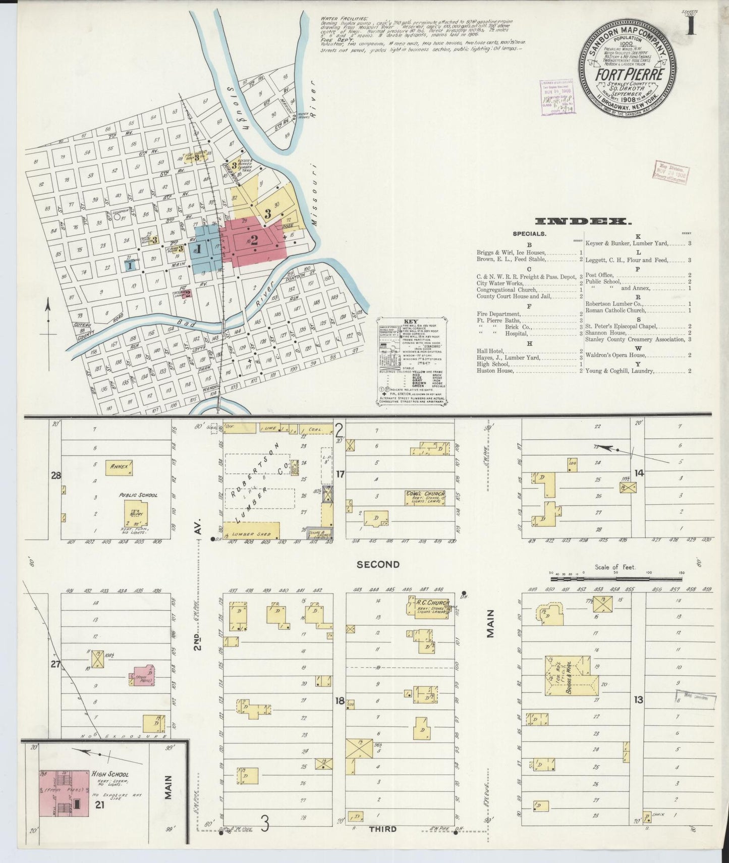 Sanborn Fire Insurance Map from Fort Pierre, Stanley County, South Dakota (1908), Sheet #0001 - Complete Map Set gallery image, historic Sanborn map, vintage wall art, South Dakota South Dakota
