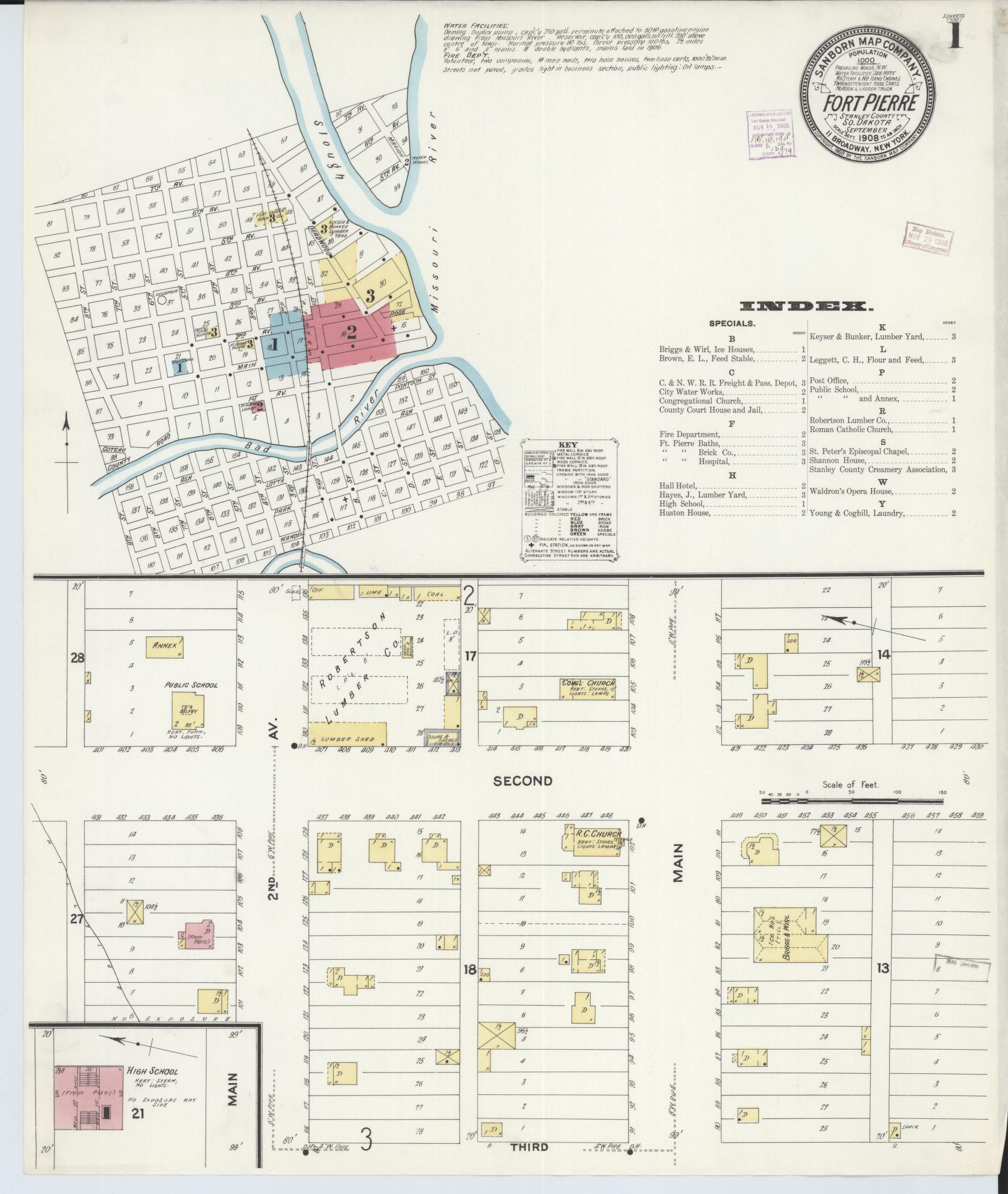 Sanborn Fire Insurance Map from Fort Pierre, Stanley County, South Dakota (1908), Sheet #0001 - Complete Map Set gallery image, historic Sanborn map, vintage wall art, South Dakota South Dakota