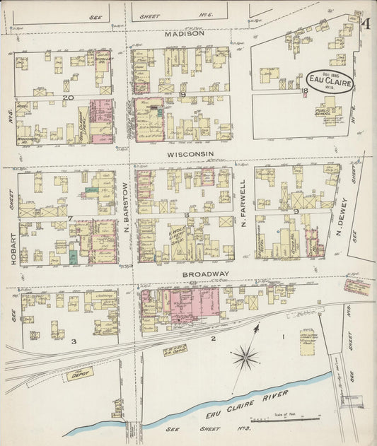 Sanborn Fire Insurance Map from Eau Claire, Eau Claire County, Wisconsin (1885), Sheet #0004 - Historic Sanborn Fire Insurance Map Print, vintage old map wall art, antique decor, genealogy gift, Wisconsin Wisconsin map