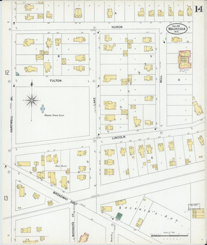 Sanborn Fire Insurance Map from Waukesha, Waukesha County, Wisconsin (1901), Sheet #0014 - Historic Sanborn Fire Insurance Map Print, vintage old map wall art, antique decor, genealogy gift, Wisconsin Wisconsin map