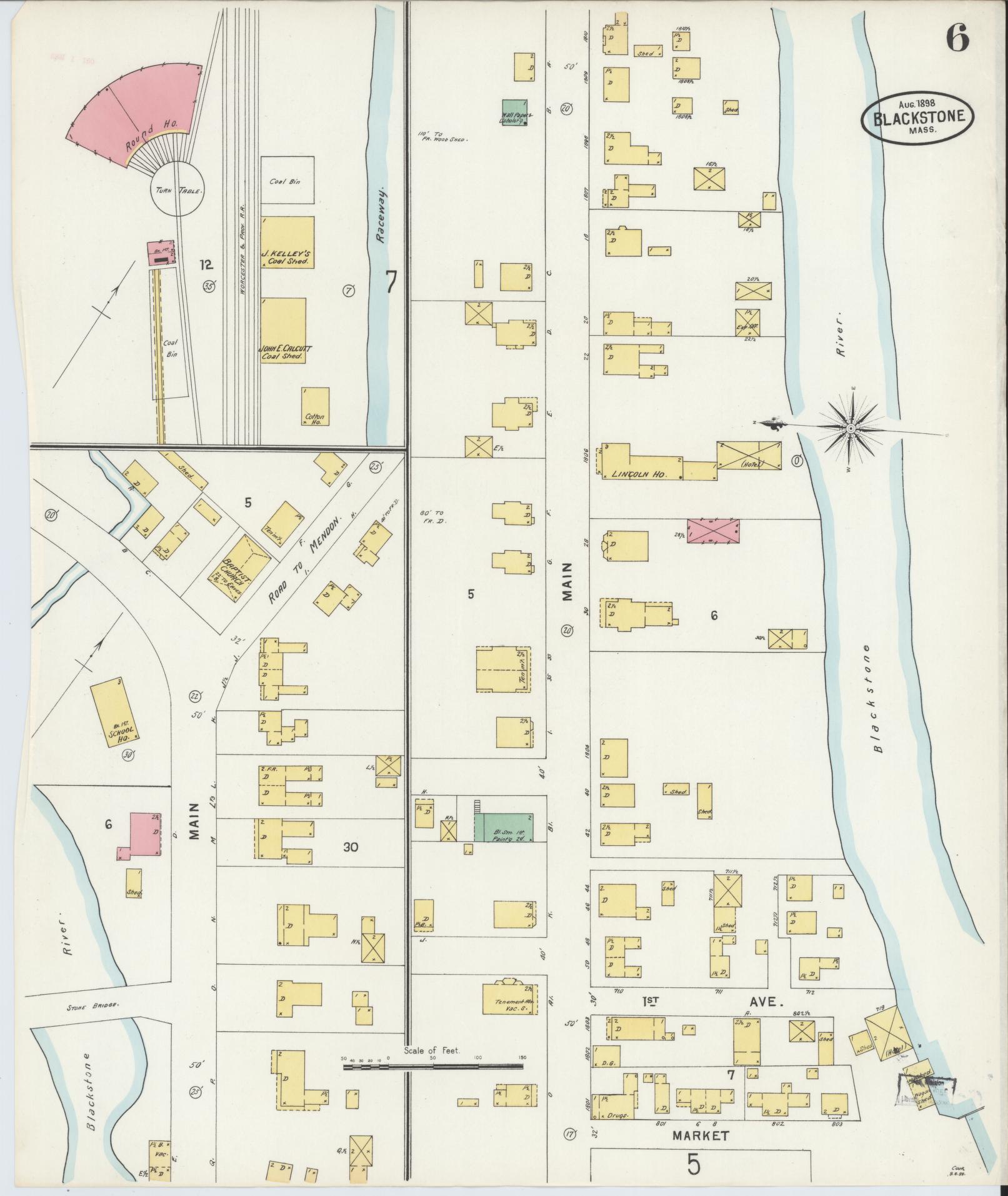 Sanborn Fire Insurance Map from Blackstone, Worcester County, Massachusetts (1898), Sheet #0006 - Complete Map Set gallery image, historic Sanborn map, vintage wall art, Massachusetts Massachusetts
