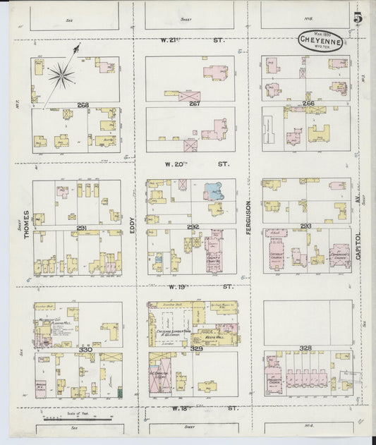 Sanborn Fire Insurance Map from Cheyenne, Laramie County, Wyoming (1890), Sheet #0005 - Historic Sanborn Fire Insurance Map Print, vintage old map wall art, antique decor, genealogy gift, Wyoming Wyoming map