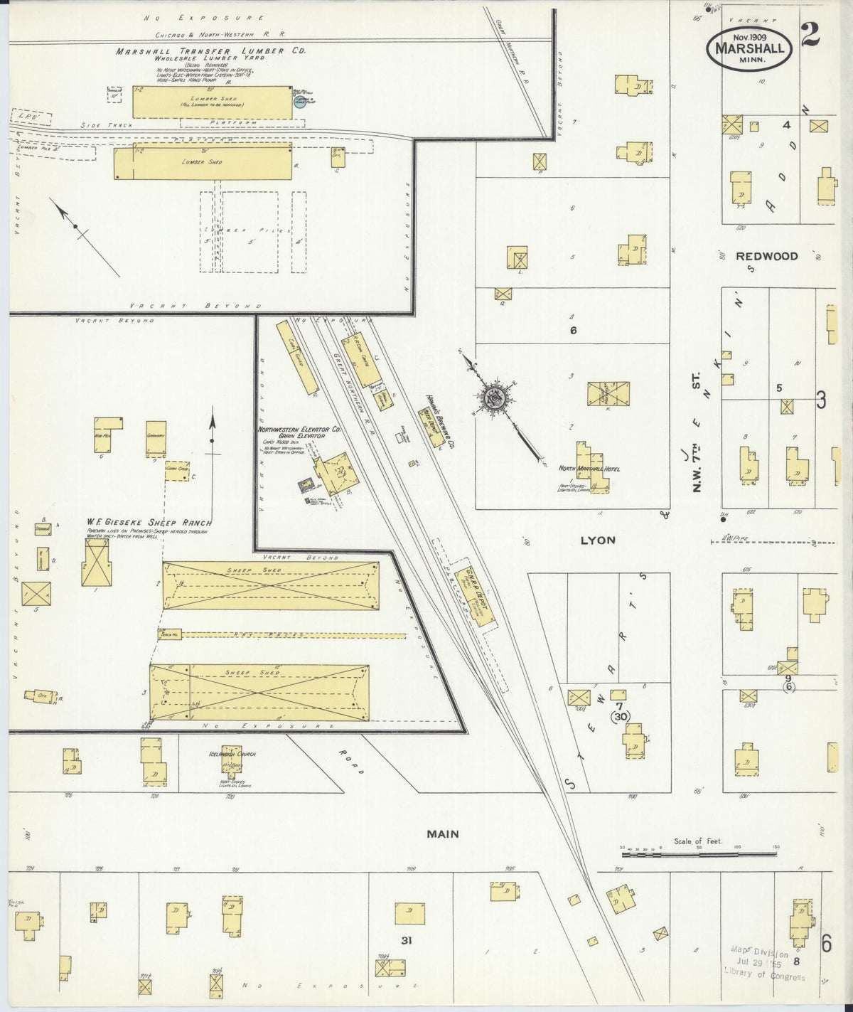 Sanborn Fire Insurance Map from Marshall, Lyon County, Minnesota (1909), Sheet #0002 - Historic Sanborn Fire Insurance Map Print, vintage old map wall art, antique decor, genealogy gift, Minnesota Minnesota map