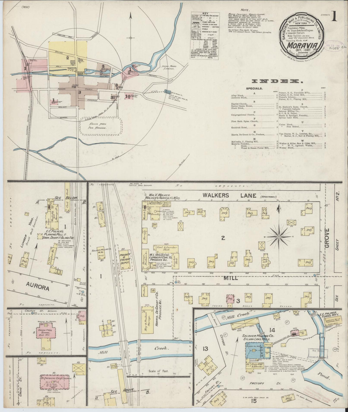 Sanborn Fire Insurance Map from Moravia, Cayuga County, New York (1887), Sheet #0001 - Historic Sanborn Fire Insurance Map Print, vintage old map wall art, antique decor, genealogy gift, New York New York map