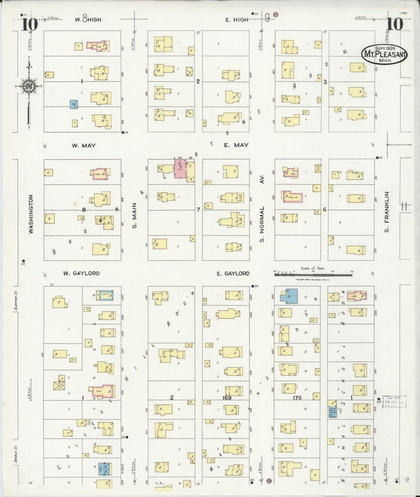 Sanborn Fire Insurance Map from Mount Pleasant, Isabella County, Michigan (1924), Sheet #0010 - Complete Map Set gallery image, historic Sanborn map, vintage wall art, Michigan Michigan