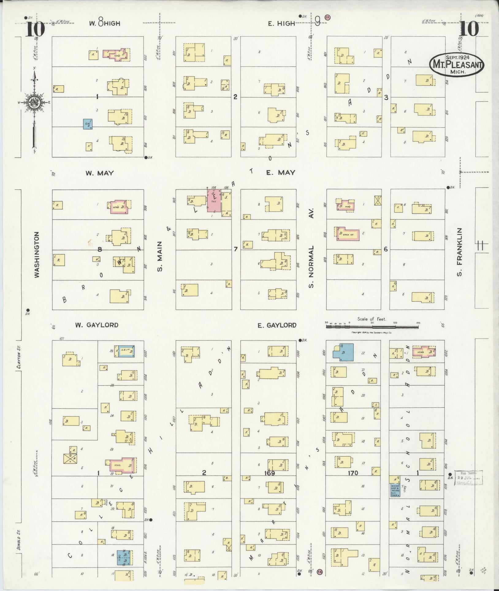 Sanborn Fire Insurance Map from Mount Pleasant, Isabella County, Michigan (1924), Sheet #0010 - Complete Map Set gallery image, historic Sanborn map, vintage wall art, Michigan Michigan