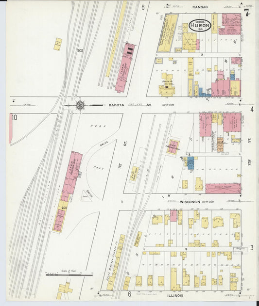 Sanborn Fire Insurance Map from Huron, Beadle County, South Dakota (1916), Sheet #0007 - Historic Sanborn Fire Insurance Map Print, vintage old map wall art, antique decor, genealogy gift, South Dakota South Dakota map