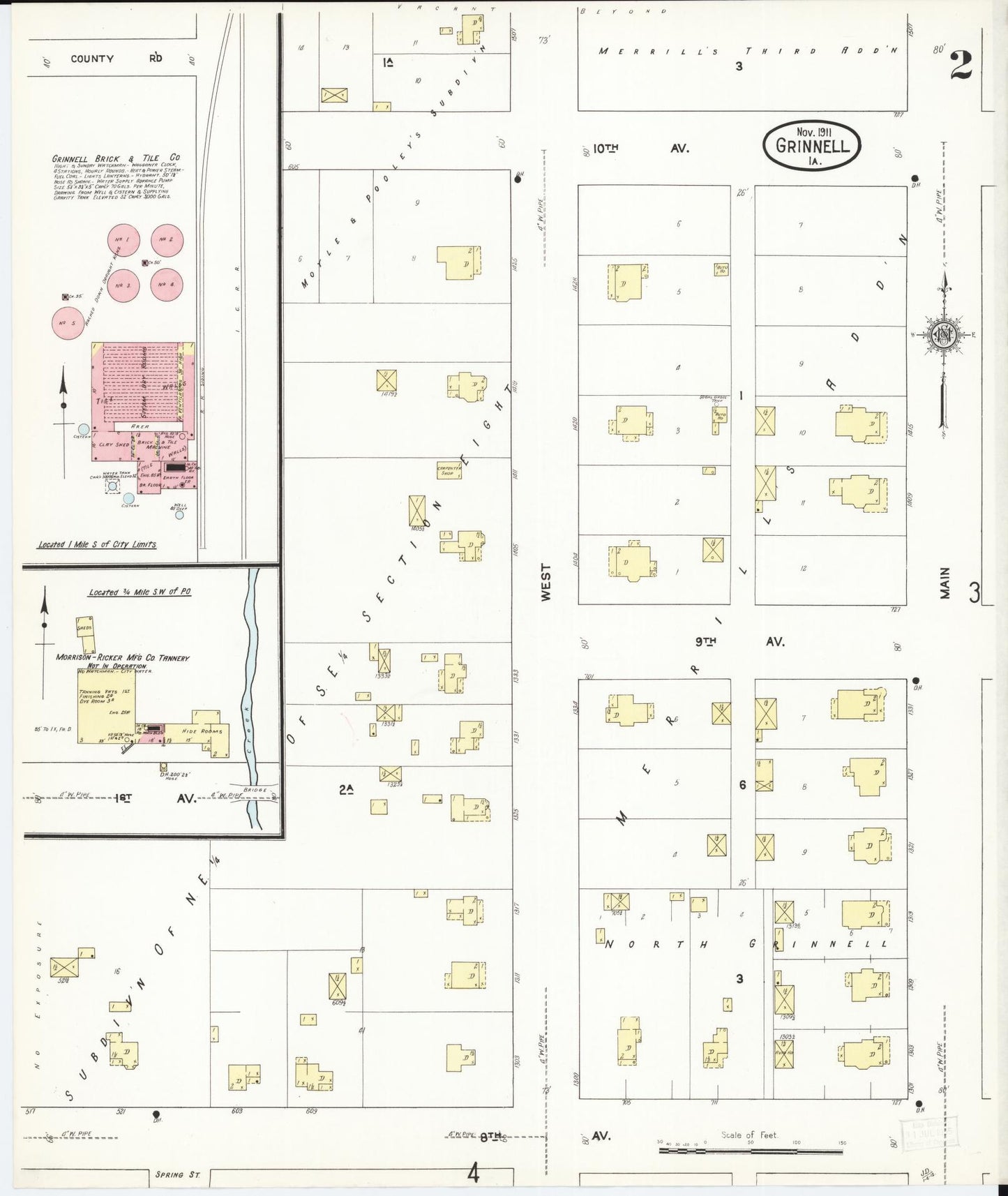 Sanborn Fire Insurance Map from Grinnell, Poweshiek County, Iowa (1911), Sheet #0002 - Historic Sanborn Fire Insurance Map Print, vintage old map wall art