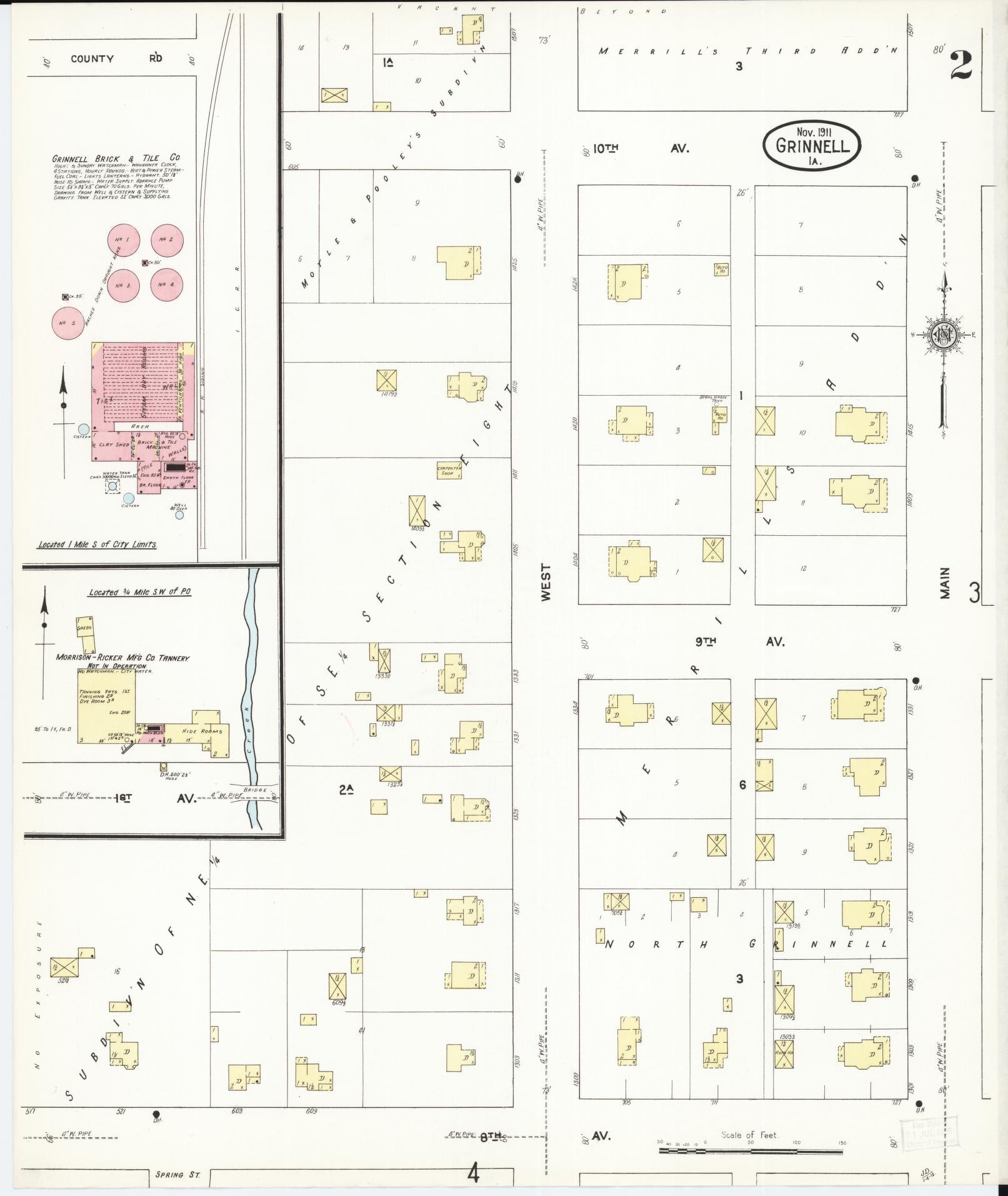 Sanborn Fire Insurance Map from Grinnell, Poweshiek County, Iowa (1911), Sheet #0002 - Historic Sanborn Fire Insurance Map Print, vintage old map wall art