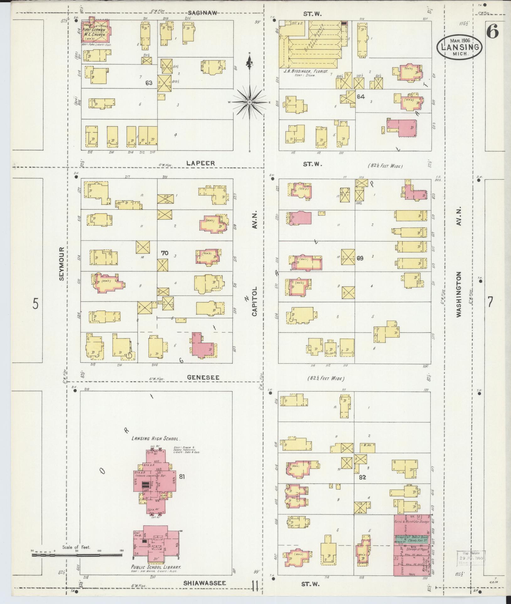 Sanborn Fire Insurance Map from Lansing, Ingham County, Michigan (1906), Sheet #0006 - Historic Sanborn Fire Insurance Map Print, vintage old map wall art, antique decor, genealogy gift, Michigan Michigan map