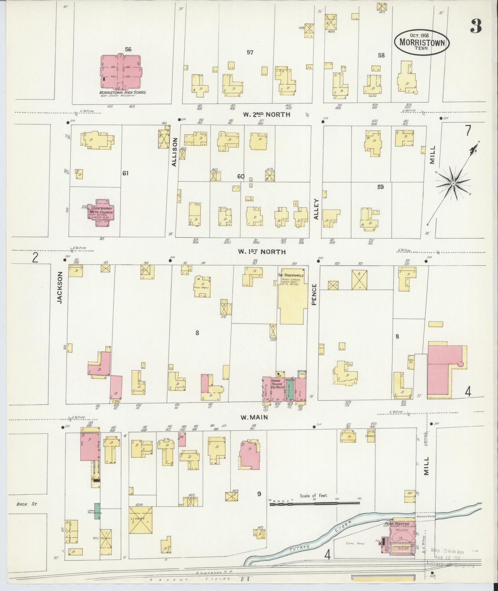 Sanborn Fire Insurance Map from Morristown, Hamblen County, Tennessee (1908), Sheet #0003 - Complete Map Set gallery image, historic Sanborn map, vintage wall art, Tennessee Tennessee