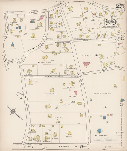 Sanborn Fire Insurance Map from Englewood, Bergen County, New Jersey (1922), Sheet #0027 - Historic Sanborn Fire Insurance Map Print, vintage old map wall art, antique decor, genealogy gift, New Jersey New Jersey map