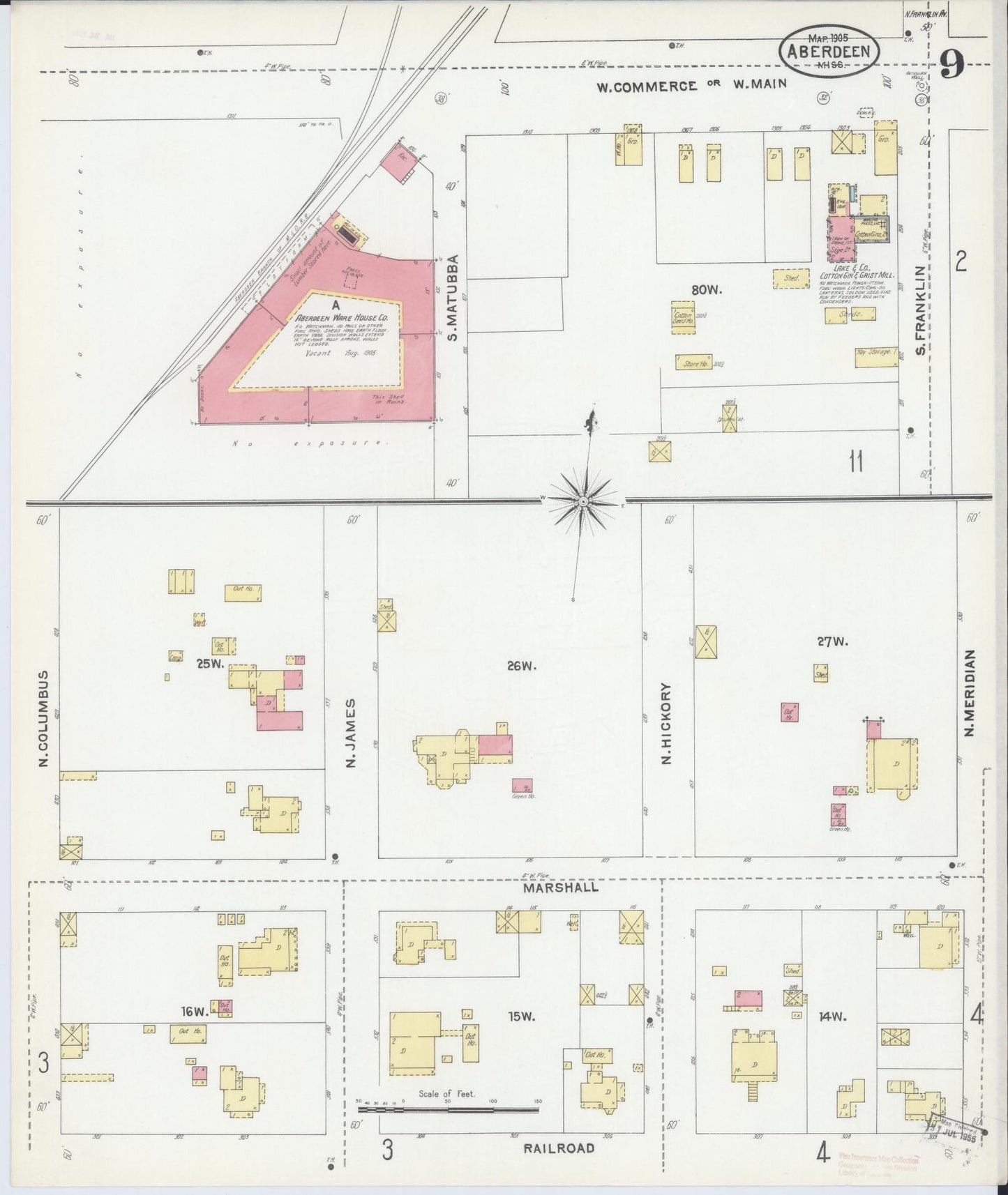 Sanborn Fire Insurance Map from Aberdeen, Monroe County, Mississippi (1905), Sheet #0009 - Historic Sanborn Fire Insurance Map Print, vintage old map wall art, antique decor, genealogy gift, Mississippi Mississippi map