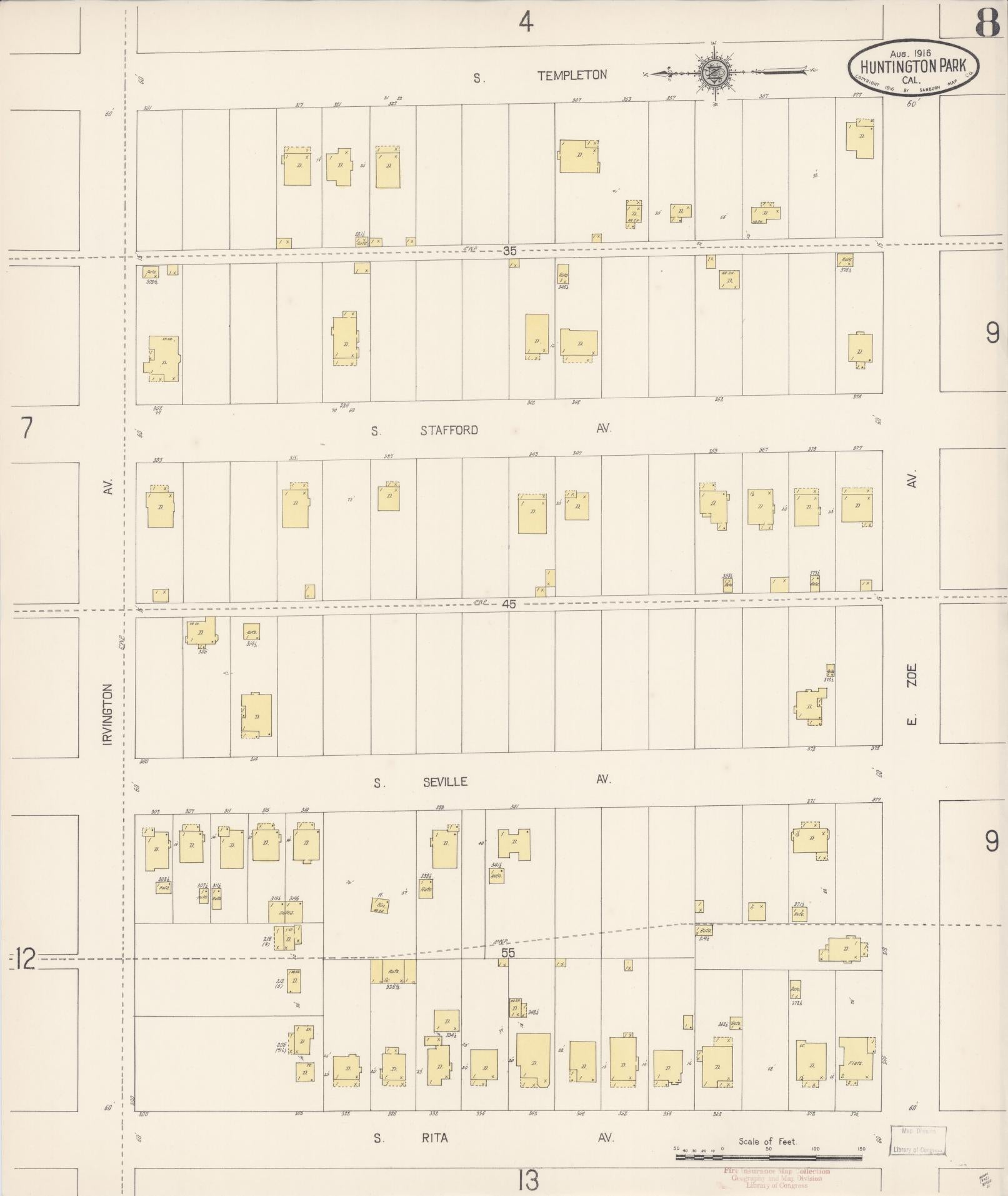 Sanborn Fire Insurance Map from Huntington Park, Los Angeles County, California (1916), Sheet #0008 - Historic Sanborn Fire Insurance Map Print, vintage old map wall art, antique decor, genealogy gift, California California map