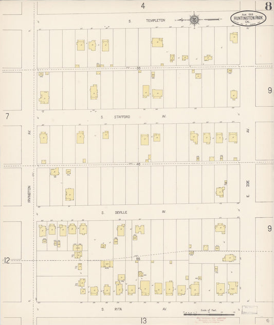 Sanborn Fire Insurance Map from Huntington Park, Los Angeles County, California (1916), Sheet #0008 - Historic Sanborn Fire Insurance Map Print, vintage old map wall art, antique decor, genealogy gift, California California map