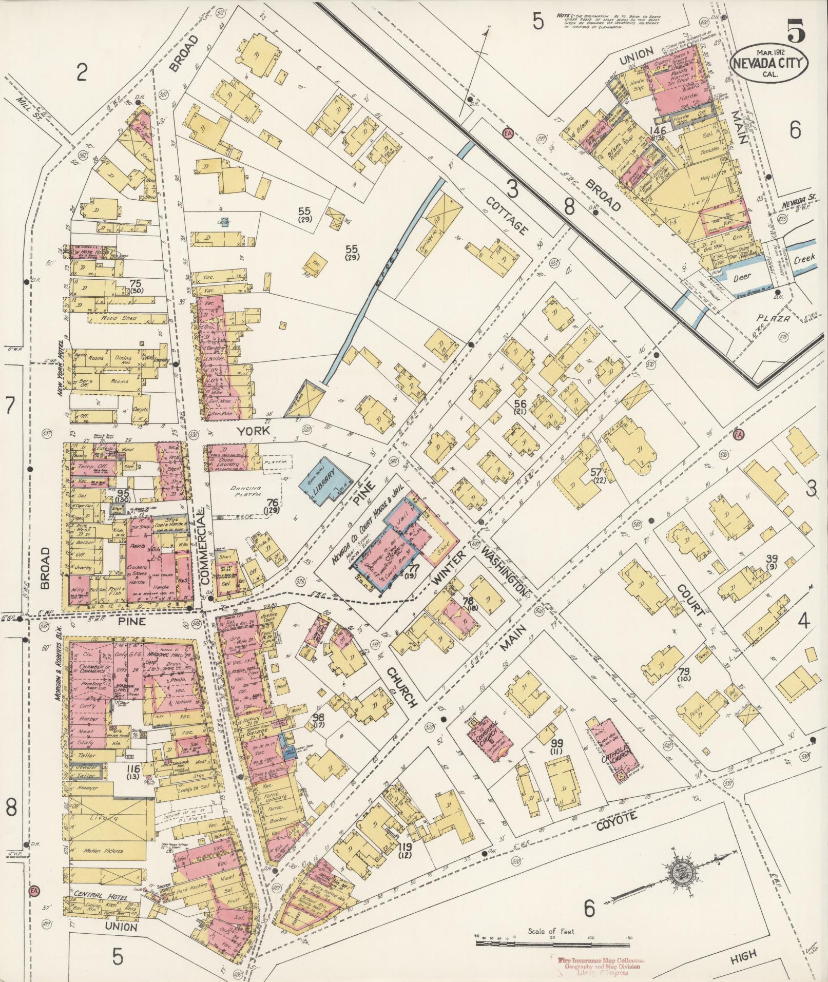 Sanborn Fire Insurance Map from Nevada City, Nevada County, California (1912), Sheet #0005 - Historic Sanborn Fire Insurance Map Print, vintage old map wall art, antique decor, genealogy gift, Nevada City Nevada map