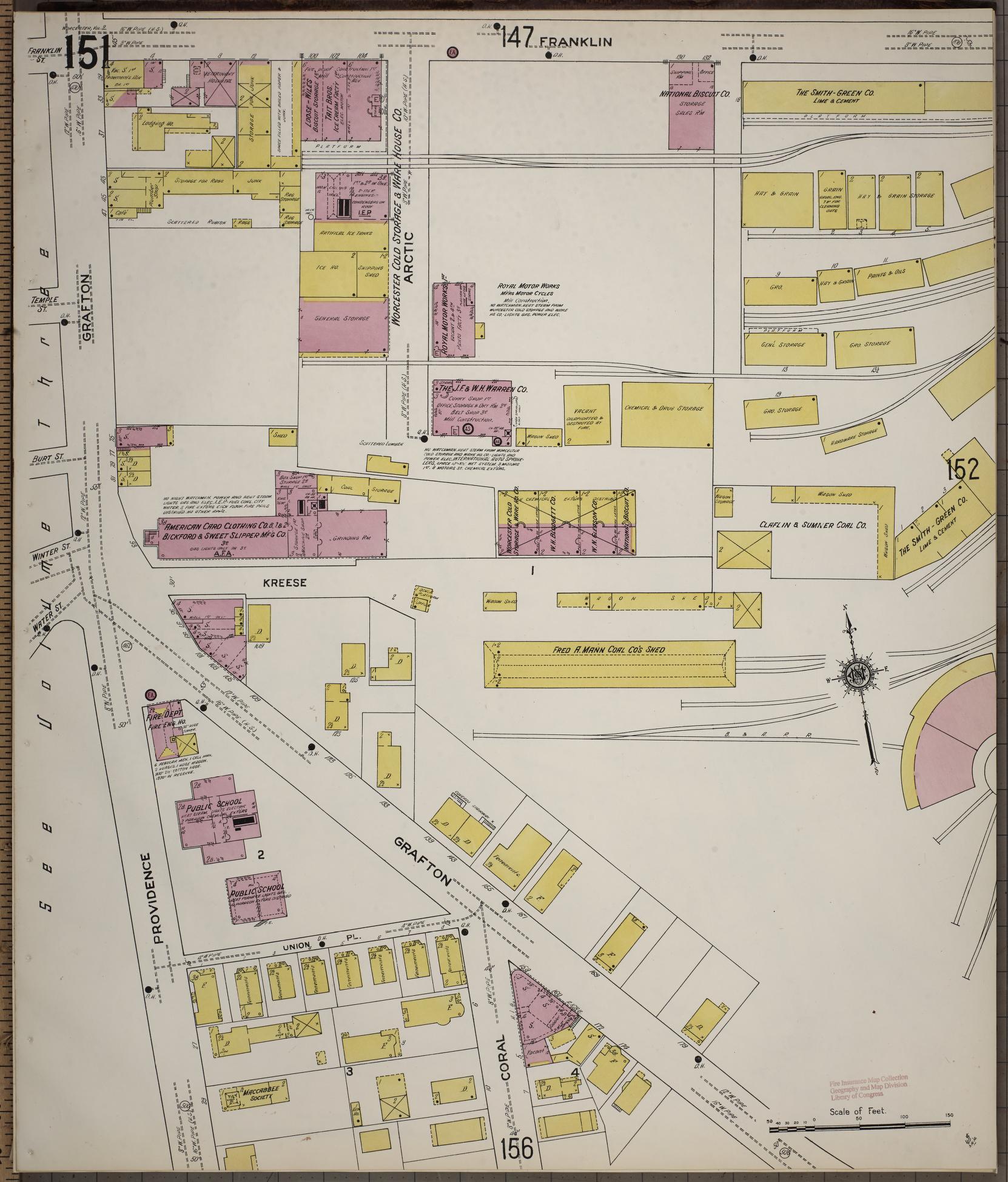 Sanborn Fire Insurance Map from Worcester, Worcester County, Massachusetts (1910), Sheet #0151 - Historic Sanborn Fire Insurance Map Print, vintage old map wall art, antique decor, genealogy gift, Massachusetts Massachusetts map