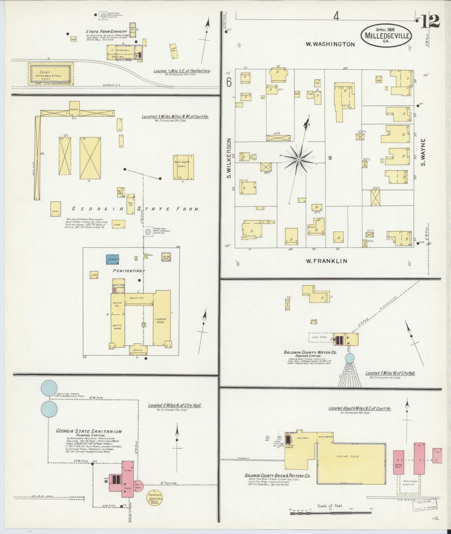 Sanborn Fire Insurance Map from Milledgeville, Baldwin County, Georgia (1908), Sheet #0012 - Historic Sanborn Fire Insurance Map Print, vintage old map wall art, antique decor, genealogy gift, Georgia Georgia map