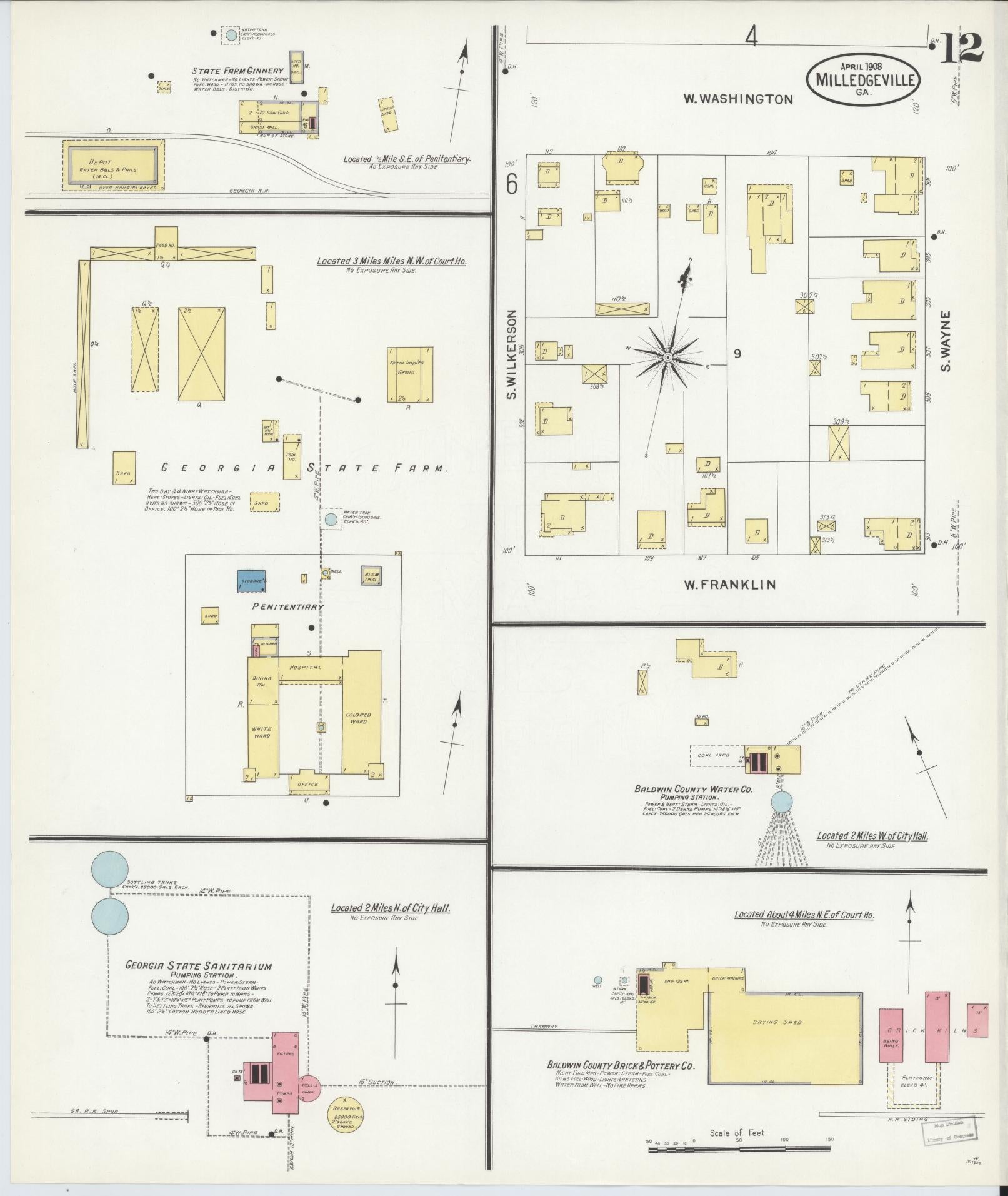 Sanborn Fire Insurance Map from Milledgeville, Baldwin County, Georgia (1908), Sheet #0012 - Historic Sanborn Fire Insurance Map Print, vintage old map wall art, antique decor, genealogy gift, Georgia Georgia map