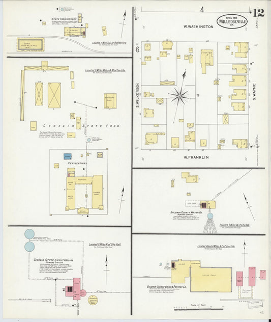 Sanborn Fire Insurance Map from Milledgeville, Baldwin County, Georgia (1908), Sheet #0012 - Historic Sanborn Fire Insurance Map Print, vintage old map wall art, antique decor, genealogy gift, Georgia Georgia map