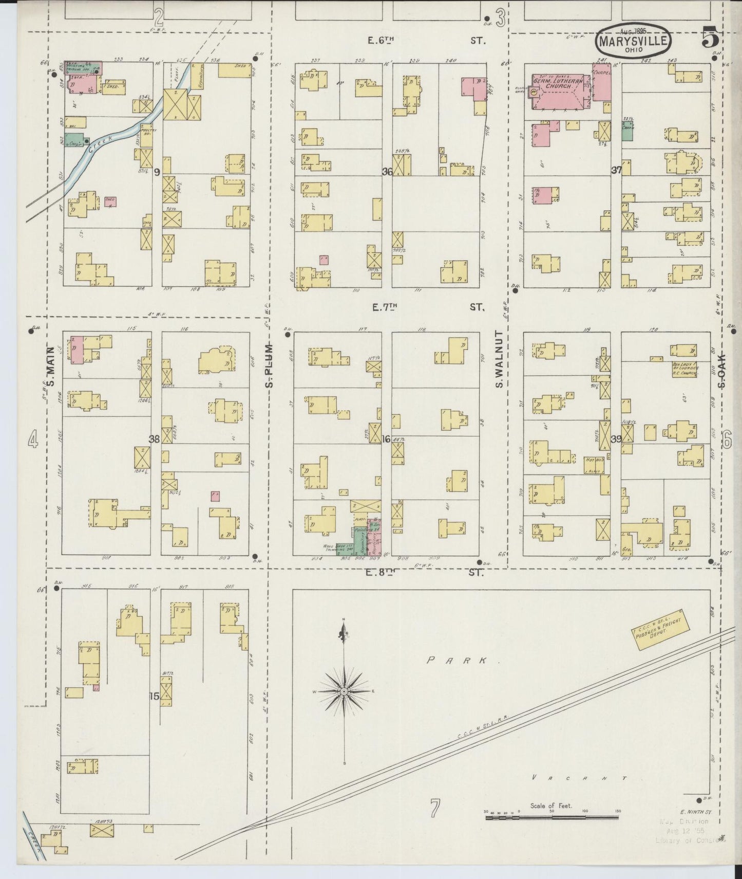 Sanborn Fire Insurance Map from Marysville, Union County, Ohio (1895), Sheet #0005 - Historic Sanborn Fire Insurance Map Print, vintage old map wall art, antique decor, genealogy gift, Ohio Ohio map