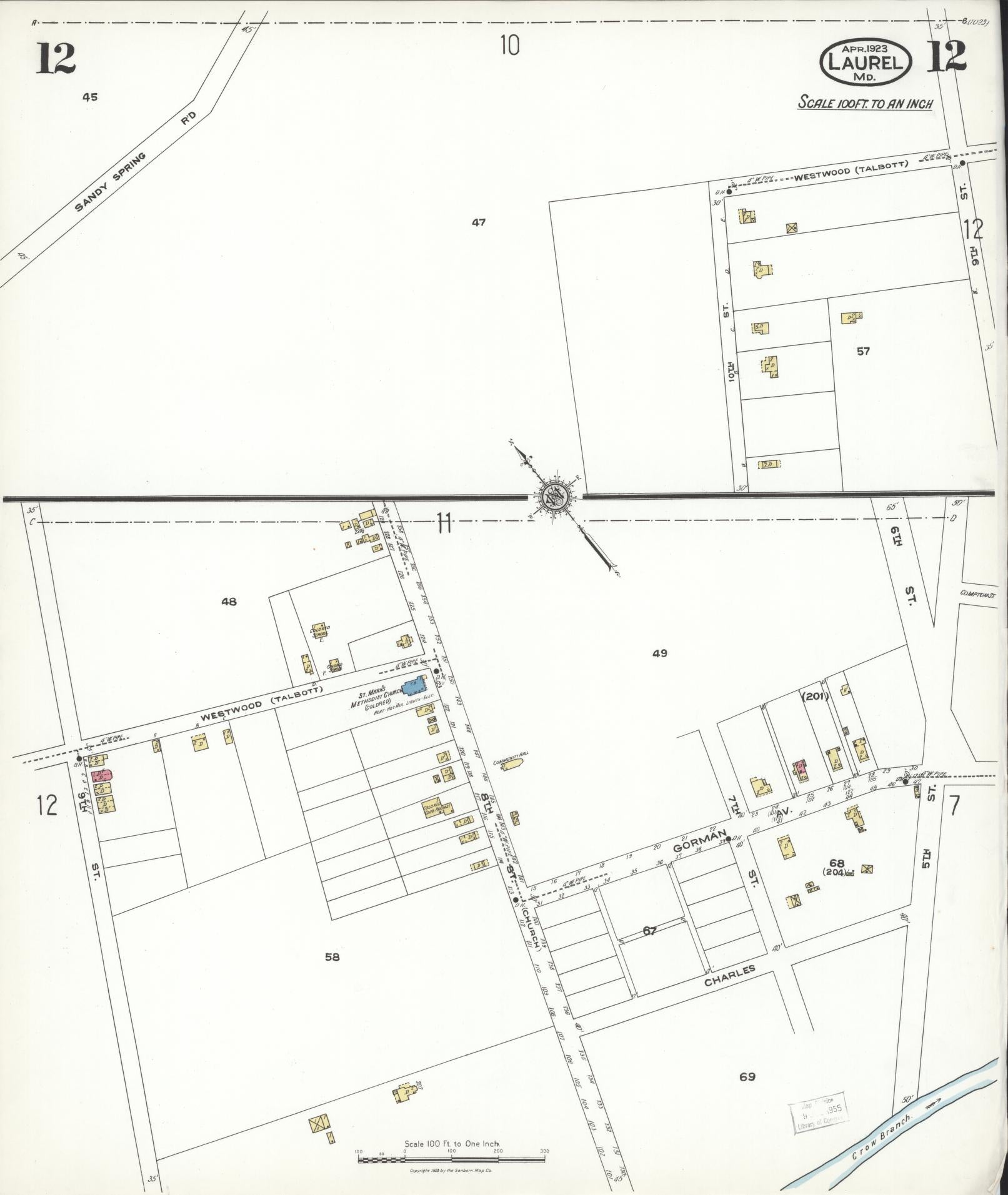 Sanborn Fire Insurance Map from Laurel, Prince Georges County, Maryland (1923), Sheet #0012 - Historic Sanborn Fire Insurance Map Print, vintage old map wall art